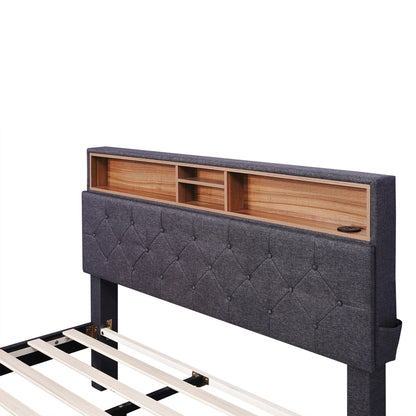 Full Size Upholstered Bed with Storage Headboard, LED, USB Charging and 2 Drawers, Dark Gray