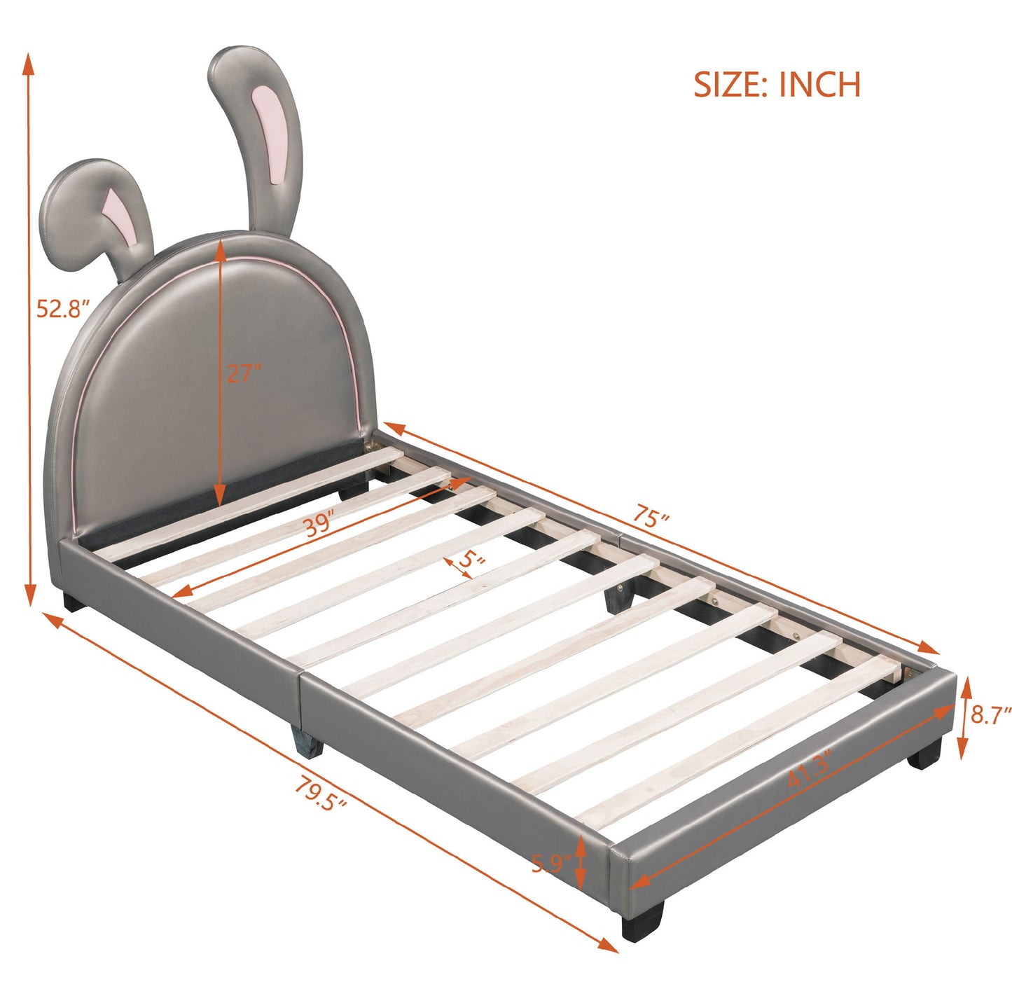 upholstered leather platform bed with rabbit ornament, gray