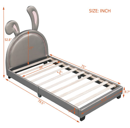 Upholstered Leather Platform Bed with Rabbit Ornament, Gray