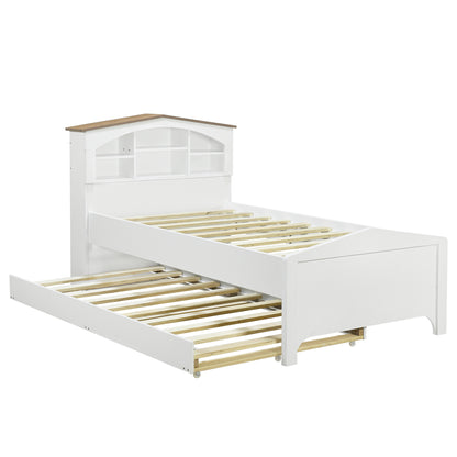 House-shaped Bed with Storage Headboard and Trundle, White