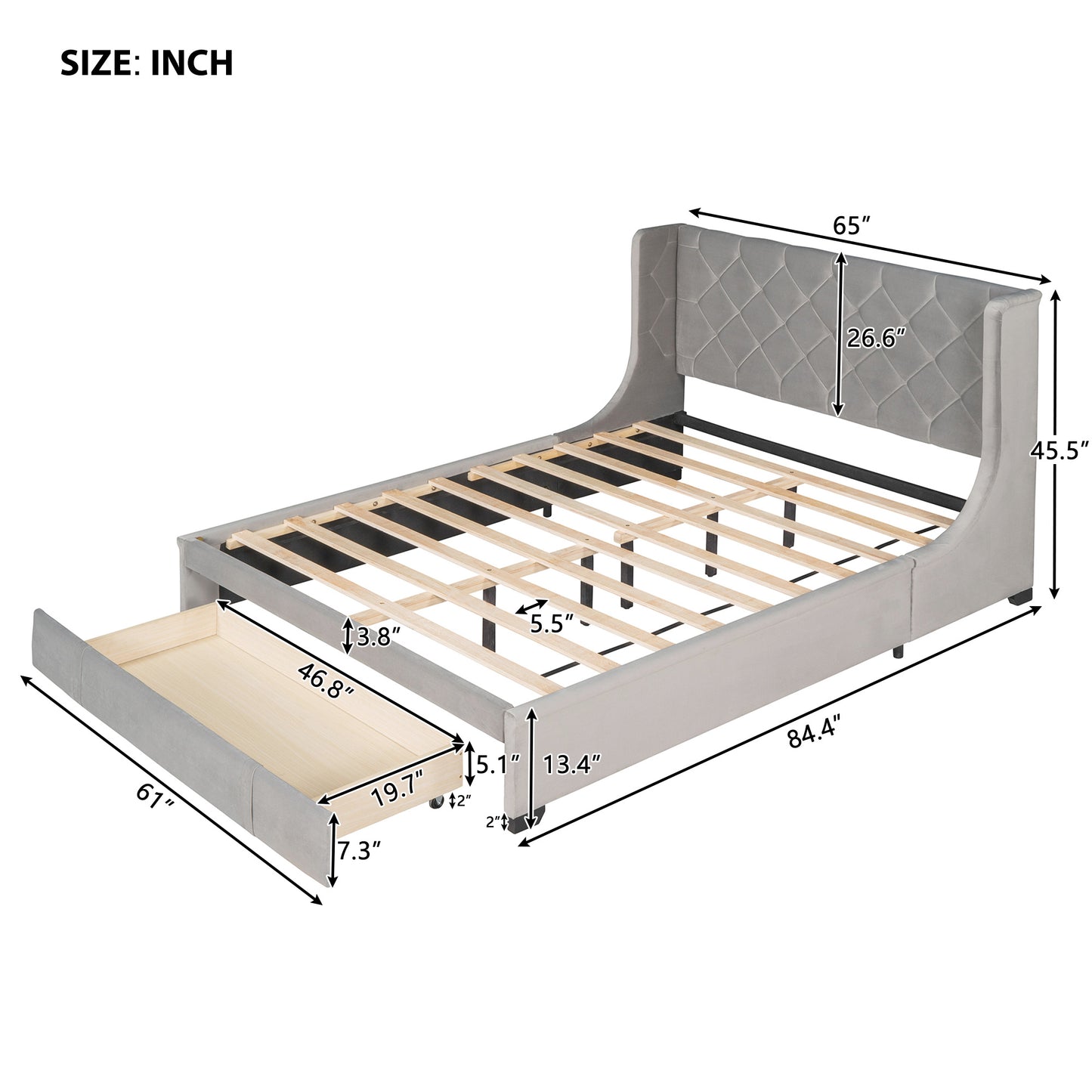 modern velvet upholstered platform bed with wingback headboard and a big drawer