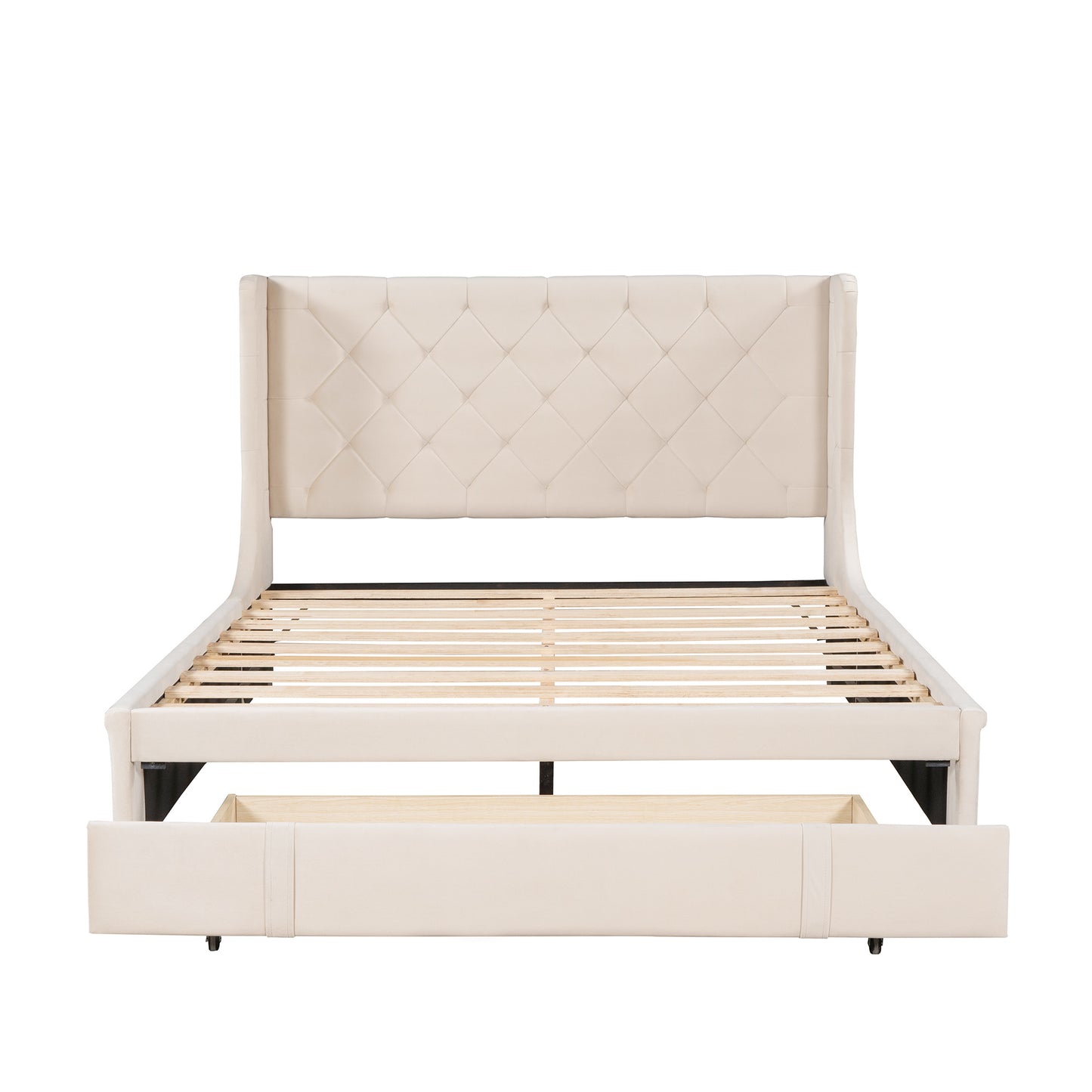 modern velvet upholstered platform bed with wingback headboard and a big drawer