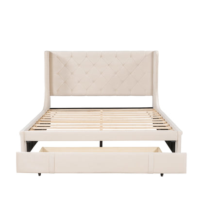 Modern Velvet Upholstered Platform Bed with Wingback Headboard and a Big Drawer