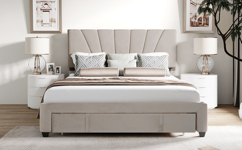 queen size storage bed velvet upholstered platform bed with a big drawer