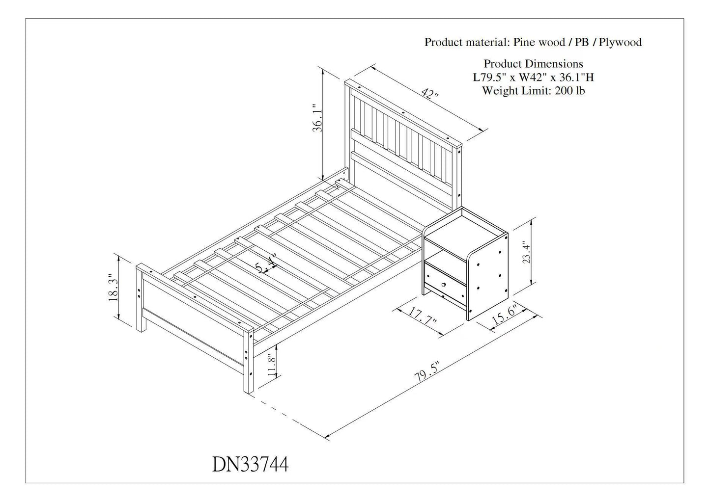 twin bed with headboard & nightstand, white