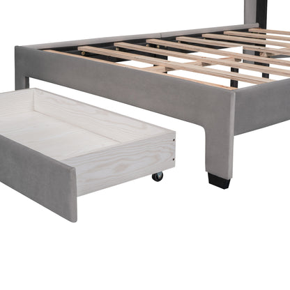 Danny Velvet Upholstered Platform Bed with a Big Drawer - Gray