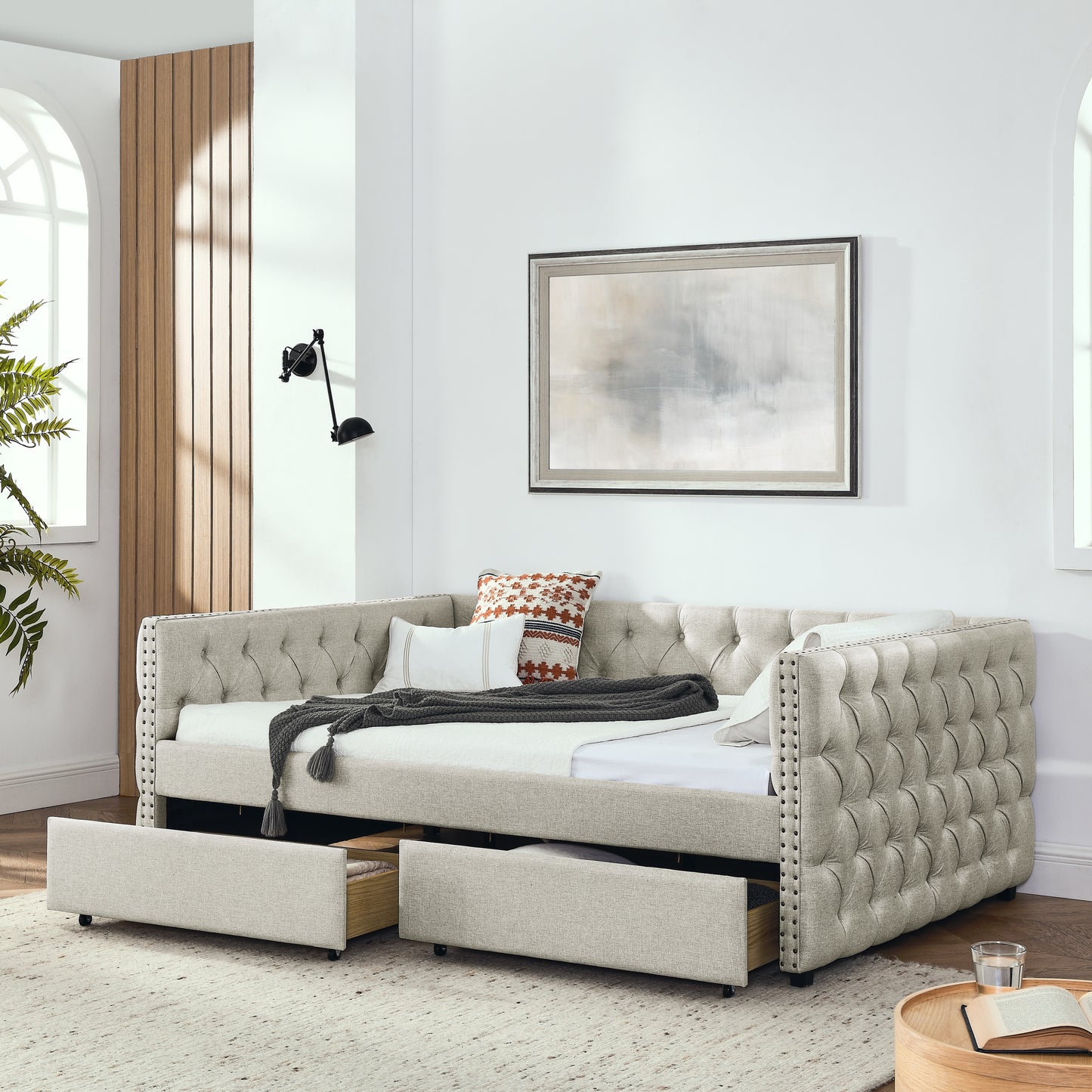 upholstered full size bed with two drawers, beige