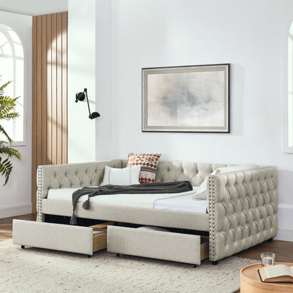 Upholstered Full Size Bed with Two Drawers, Beige