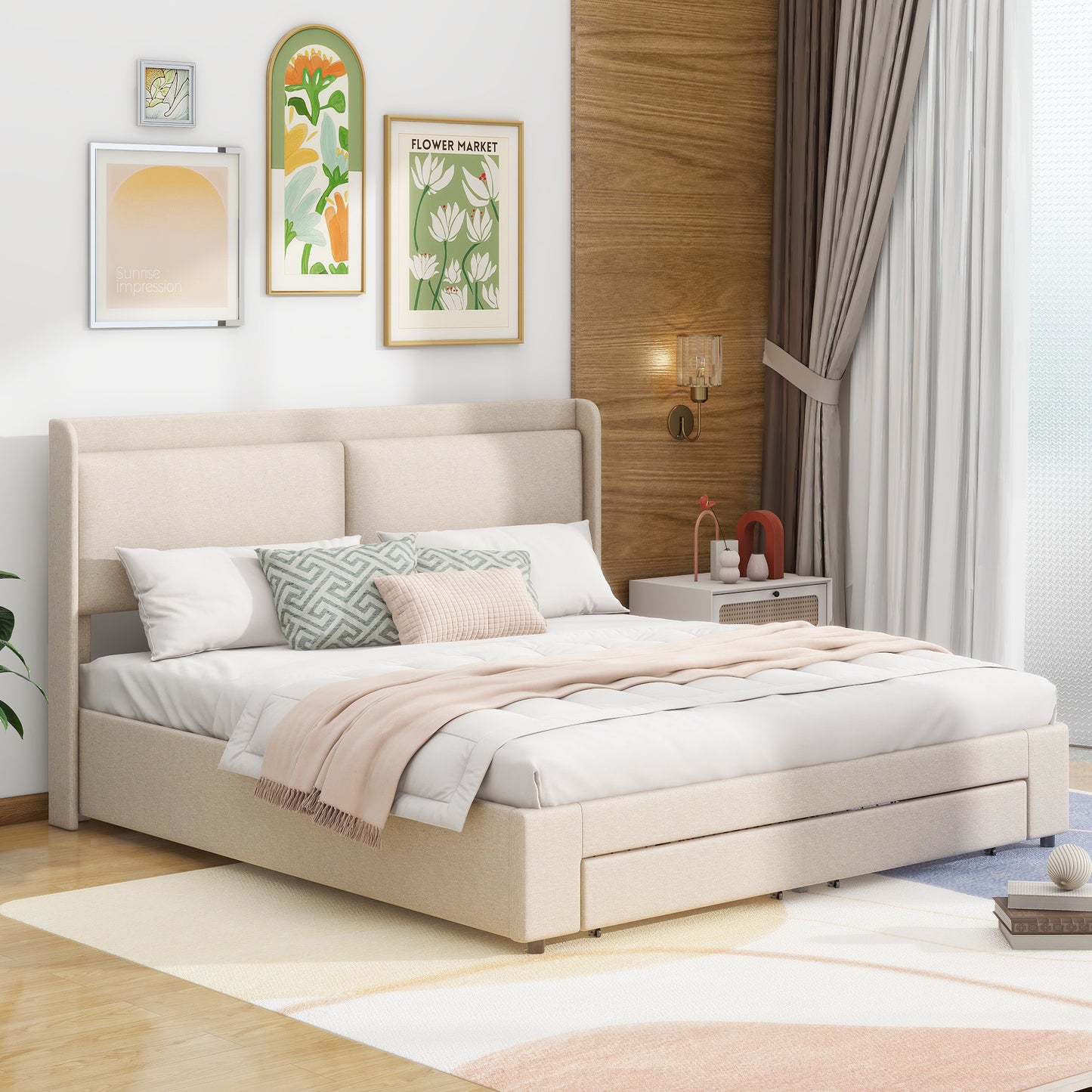 queen size storage upholstered hydraulic platform bed with 2 drawers, beige