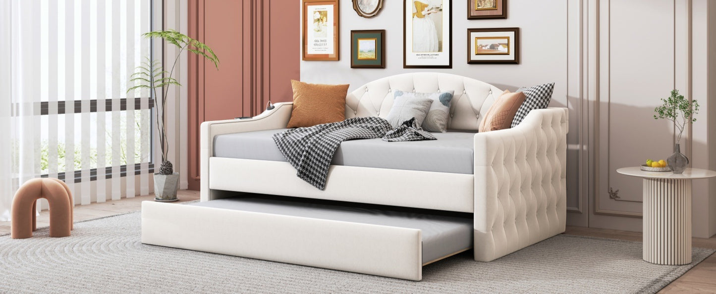 zara tufted upholstered bed with trundle, usb&type-c charging ports, beige
