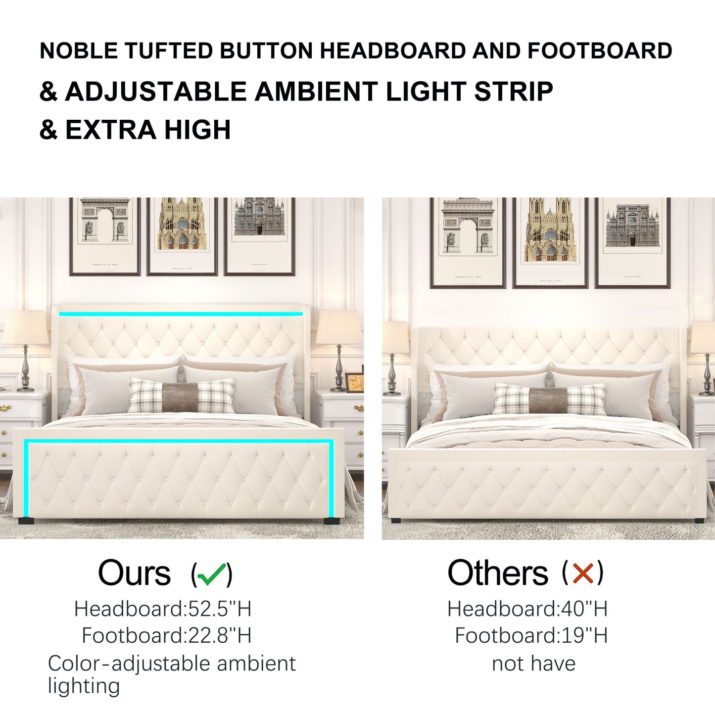 velvet upholstered bed with deep tufted buttons & adjustable colorful led light, beige