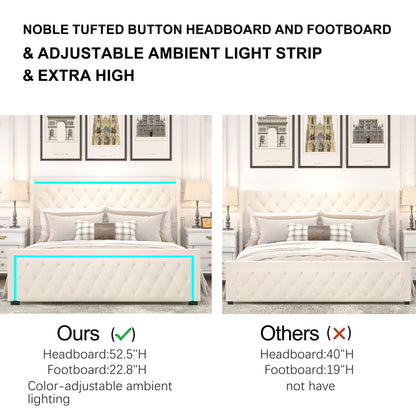 Velvet Upholstered Bed with Deep Tufted Buttons & Adjustable Colorful LED Light, Beige