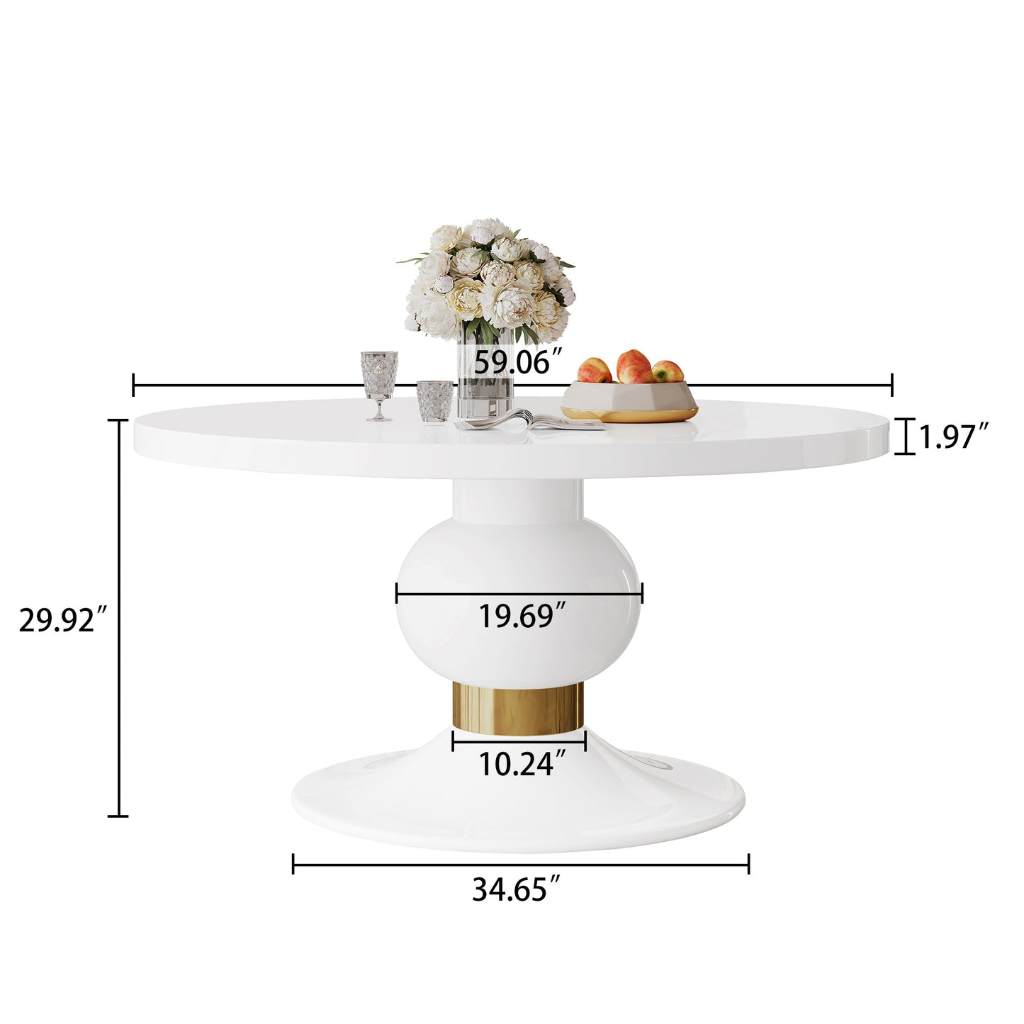 59" round white mdf dining table, base with gold finish stainless steel circle