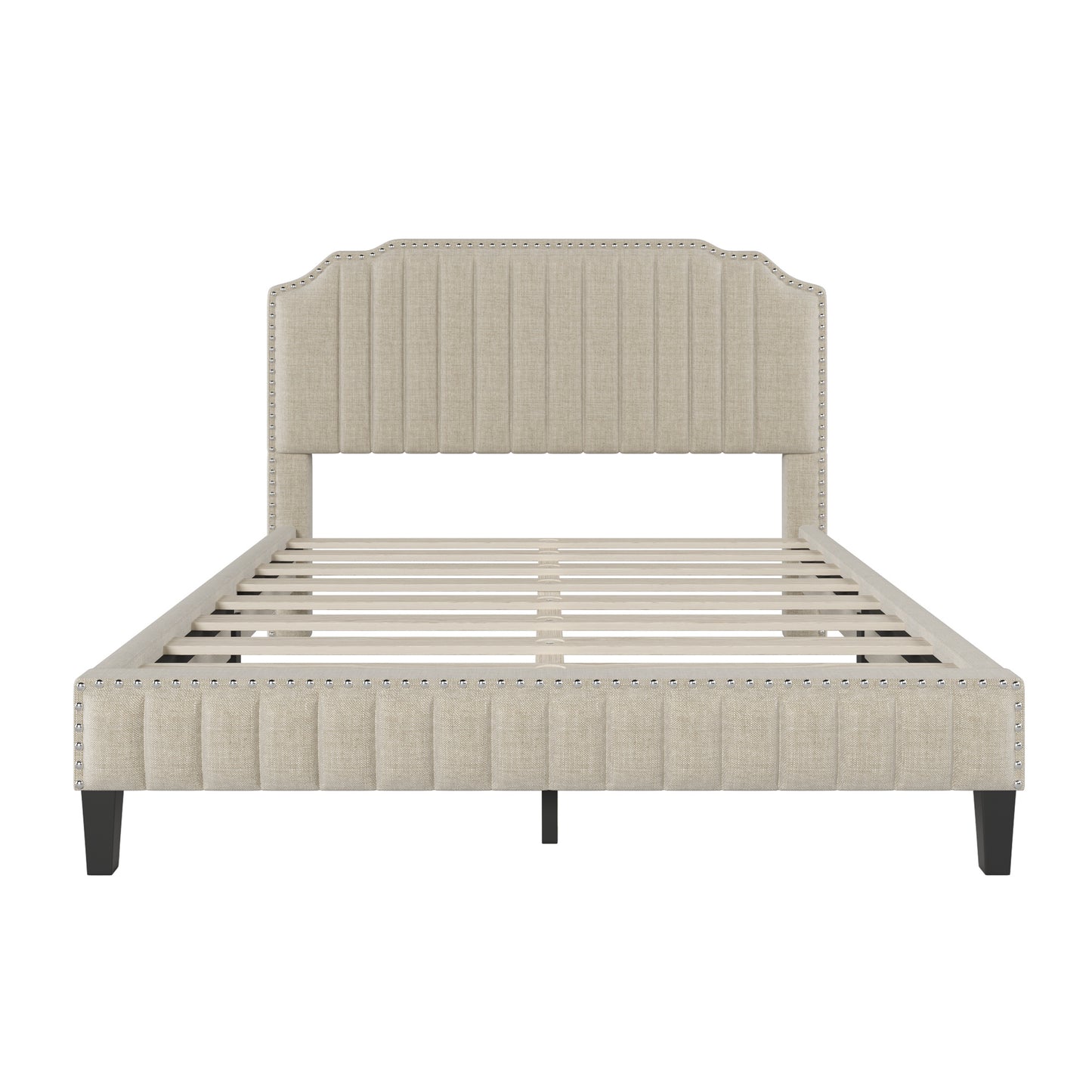3 pieces bedroom set modern linen curved upholstered beige platform queen bed with two black cherry nightstands