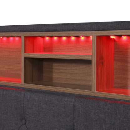Queen Size Upholstered Platform Bed with Storage Headboard, LED, USB Charging and 2 Drawers, Dark Gray