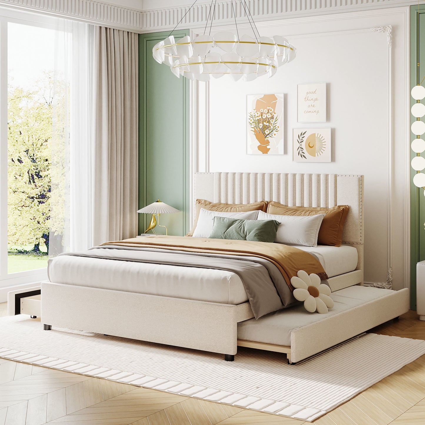 queen size upholstered platform bed with 2 drawers and 1 twin xl trundle, beige