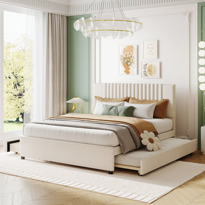 Queen Size Upholstered Platform Bed with 2 Drawers and 1 Twin XL Trundle, Beige