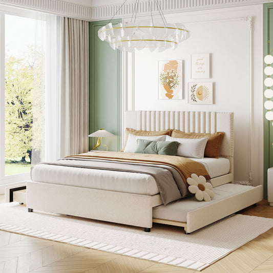 Queen Size Upholstered Platform Bed with 2 Drawers and 1 Twin XL Trundle, Beige