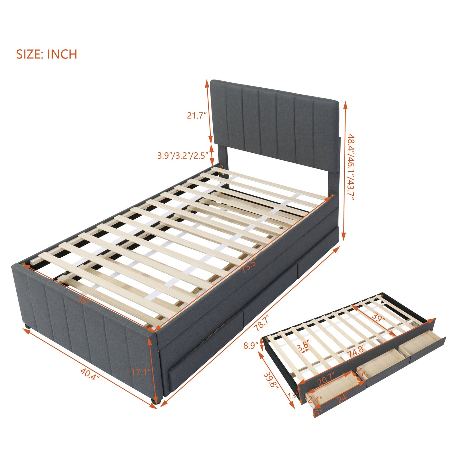 dana upholstered platform bed with trundle and 3 drawers, gray