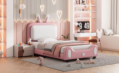 Upholstered Rabbit-Shape Princess Bed, White+Pink