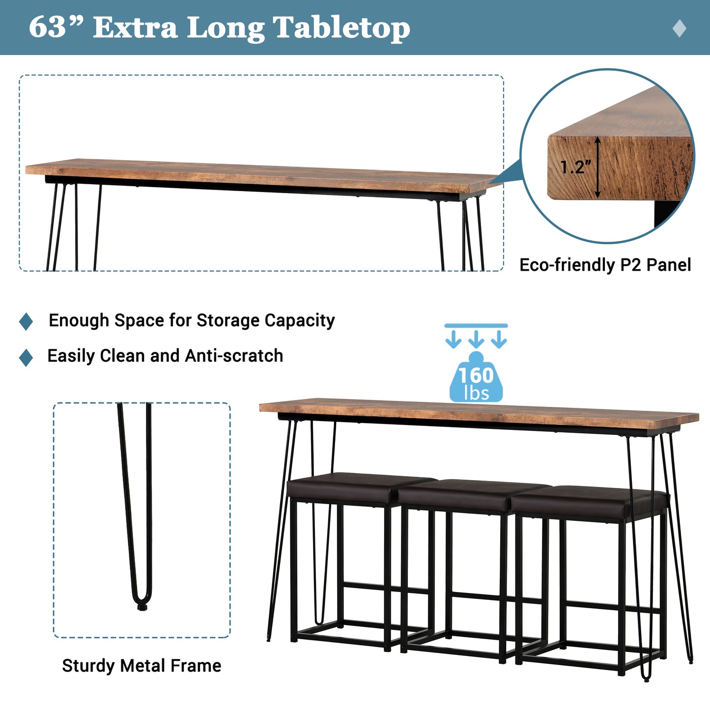 topmax 4 pieces counter height extra long dining table set
