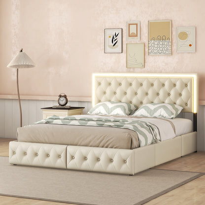 Upholstered Leather LED Headboard Bed Frame with 4 Storage Drawers, Beige