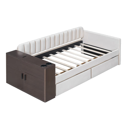 Upholstered Multi-functional Daybed with Cup Holder and a set of USB Ports and Sockets, Beige