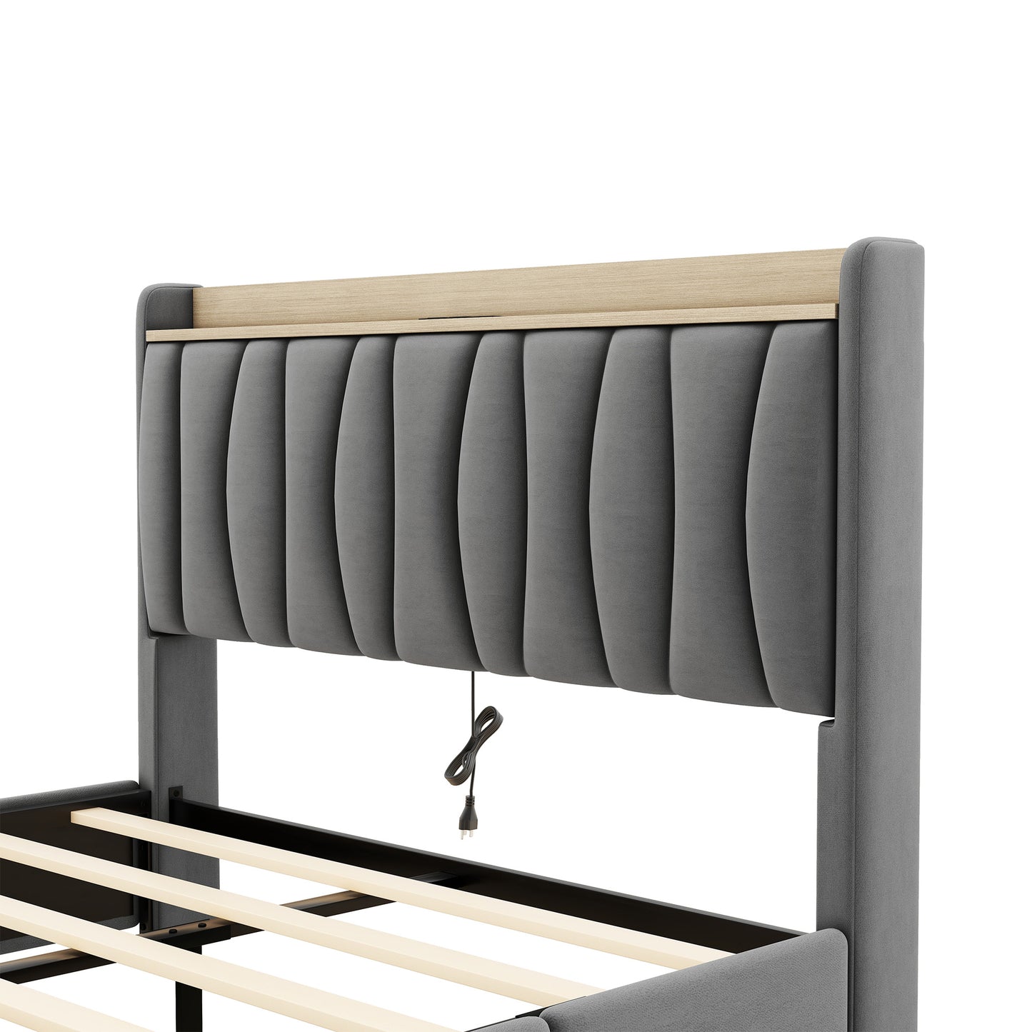 queen size bed frame with storage headboard and charging station,dark gray