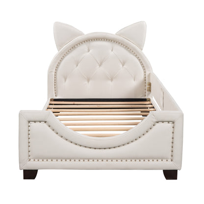 Upholstered Bed with Carton Ears Shaped Headboard, White