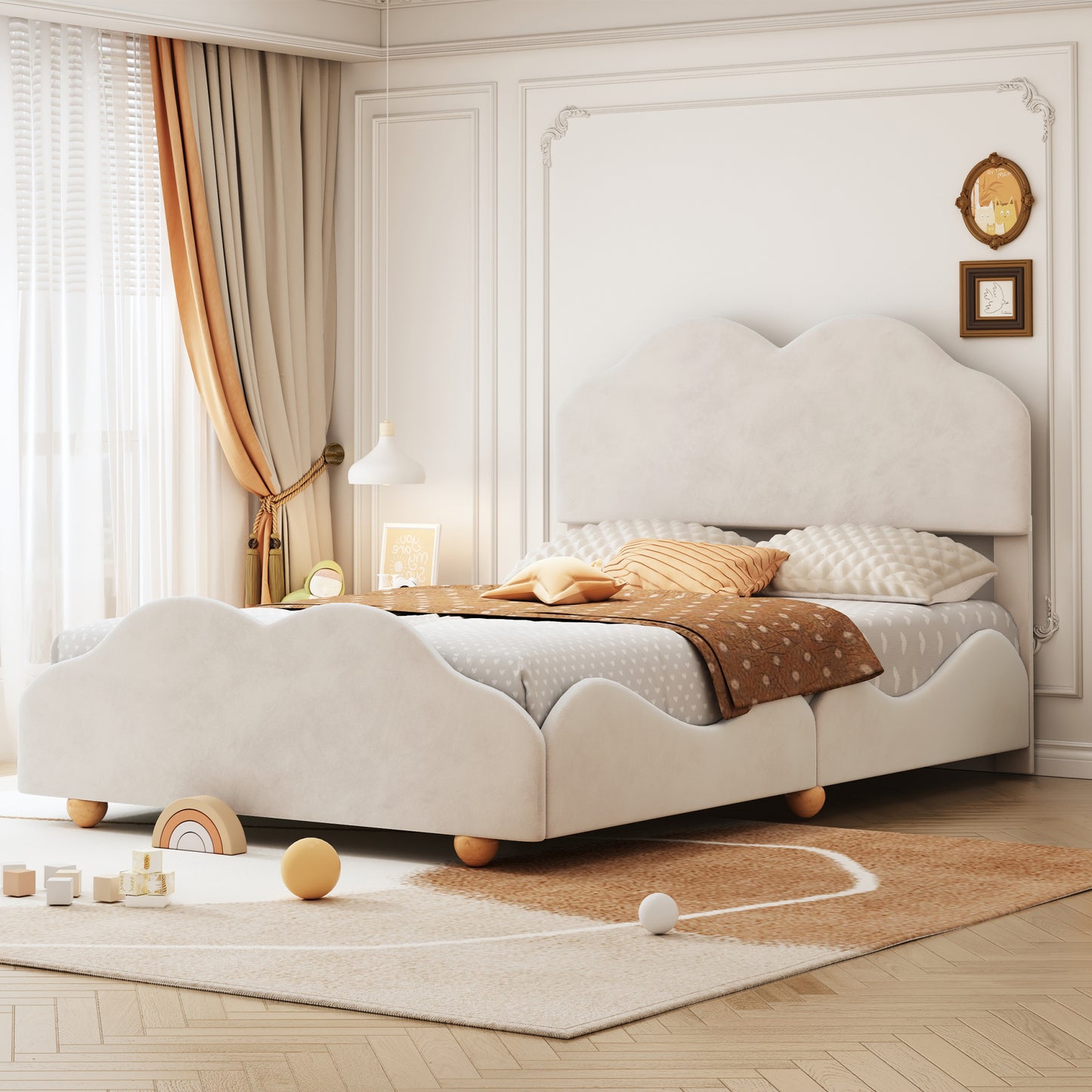 upholstered bed with cloud shaped bed board, beige