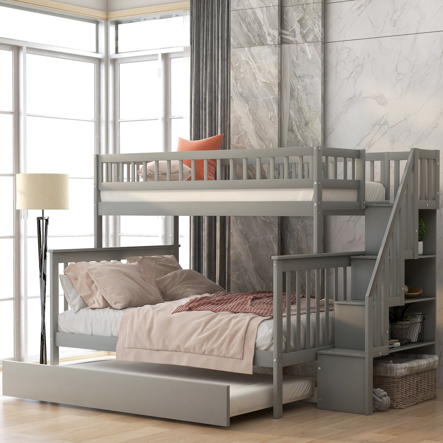 twin over full bunk bed with trundle and staircase,gray
