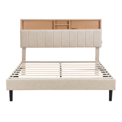 Upholstered Platform Bed with Storage Headboard and USB Port