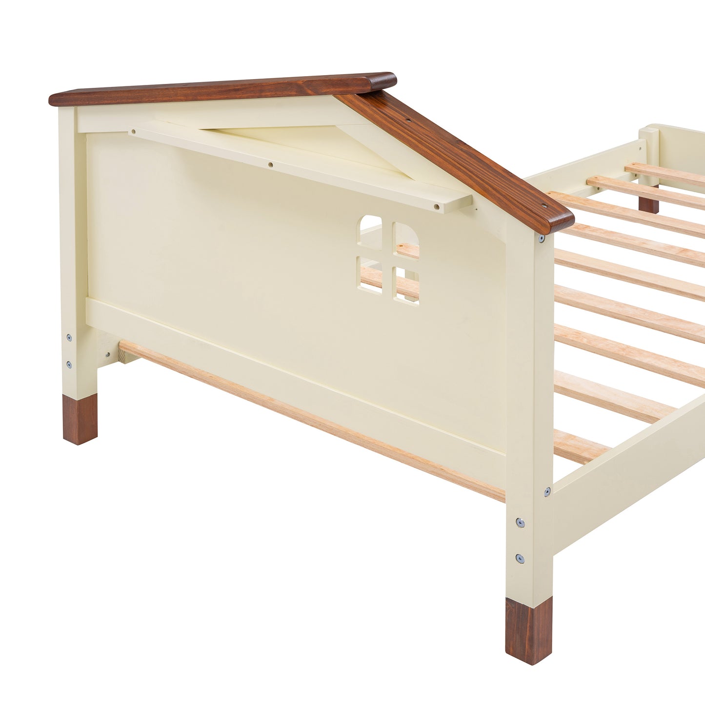 wood platform bed with house-shaped headboard (cream+walnut)