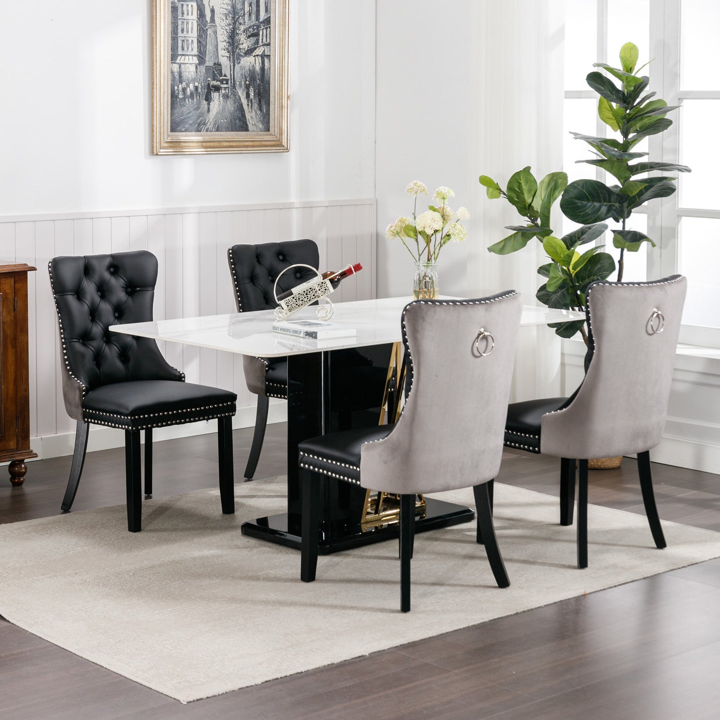 nikki collection modern high-end tufted dining chairs 2-pcs set, black+gray