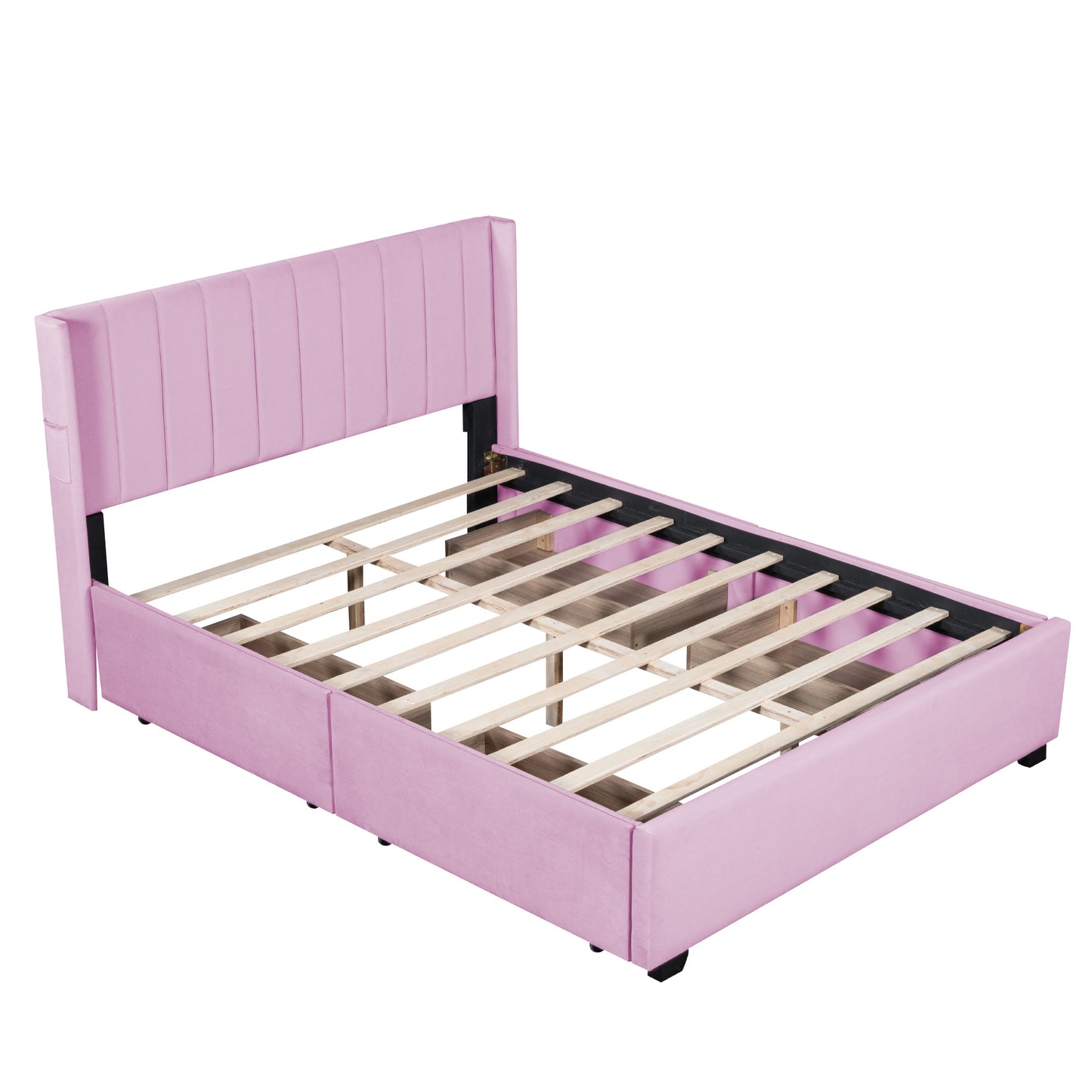 queen size upholstered bed with 4 drawers, pink