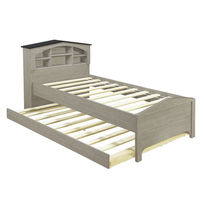 House-shaped Bed with Storage Headboard and Trundle, Gray