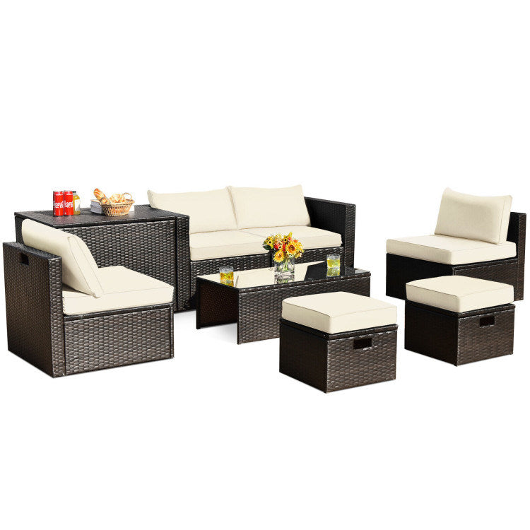 8 pieces patio space-saving rattan furniture set with storage box and waterproof cover