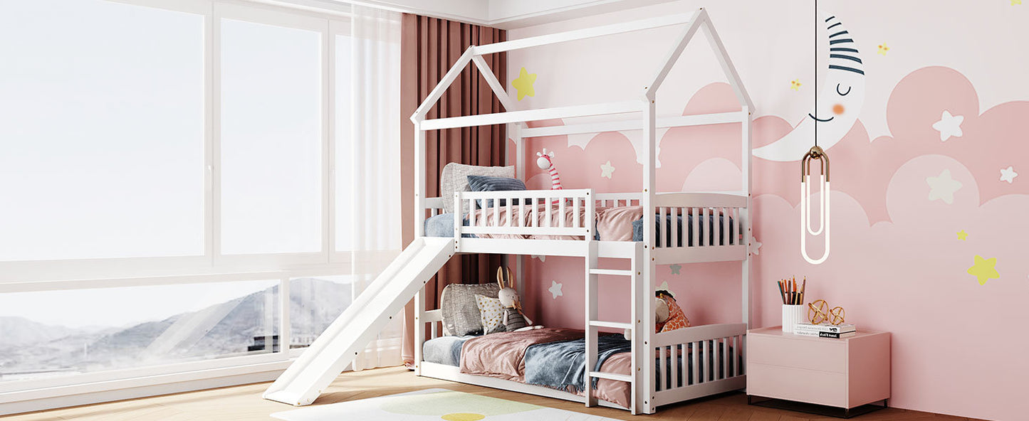 twin over twin bunk bed with slide, white