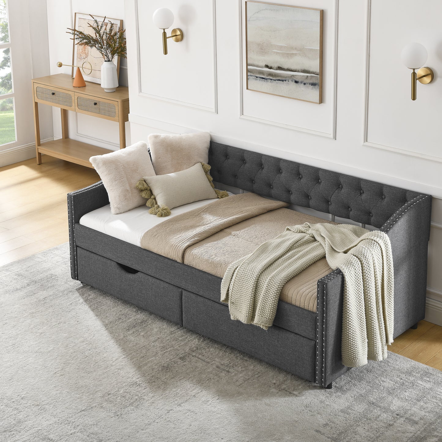 upholstered tufted sofa bed with drawers in grey