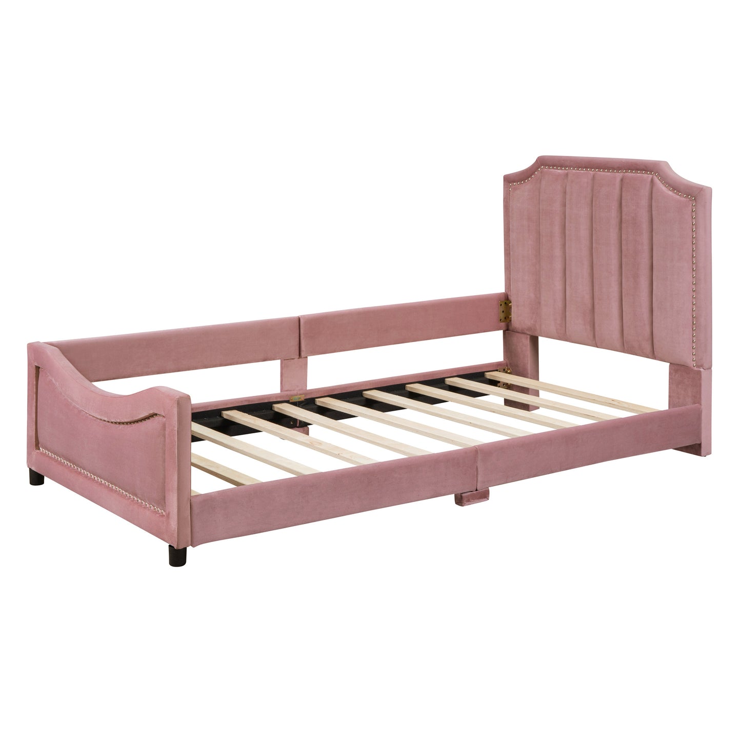 twin size upholstered daybed with classic stripe shaped headboard, pink