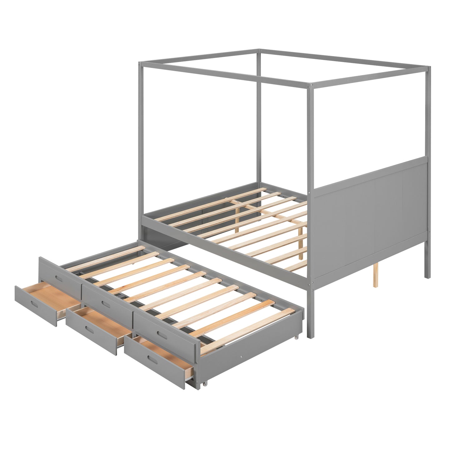 queen size canopy platform bed with twin size trundle and three storage drawers,gray