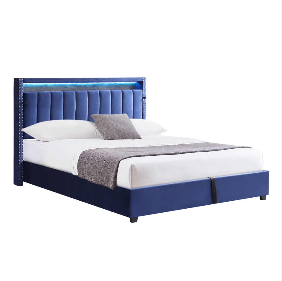 luxury gas lift storage bed with rf led lights & storage headboard , blue