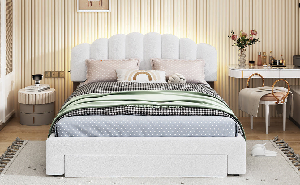 teddy fleece upholstered platform bed with drawer, white