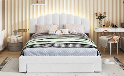 Teddy Fleece Upholstered Platform Bed with Drawer, White