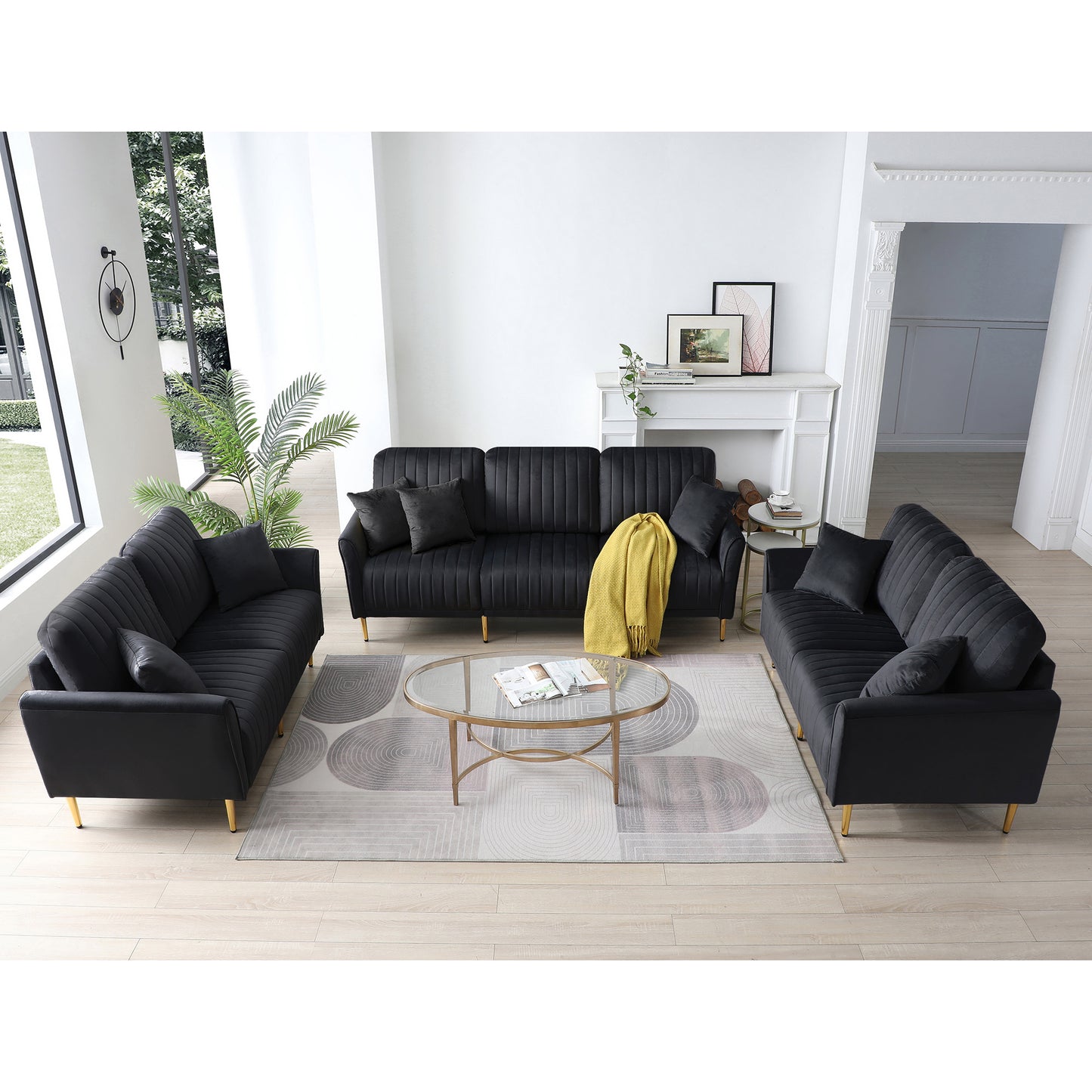 3 pieces sectional sofa set, black velvet