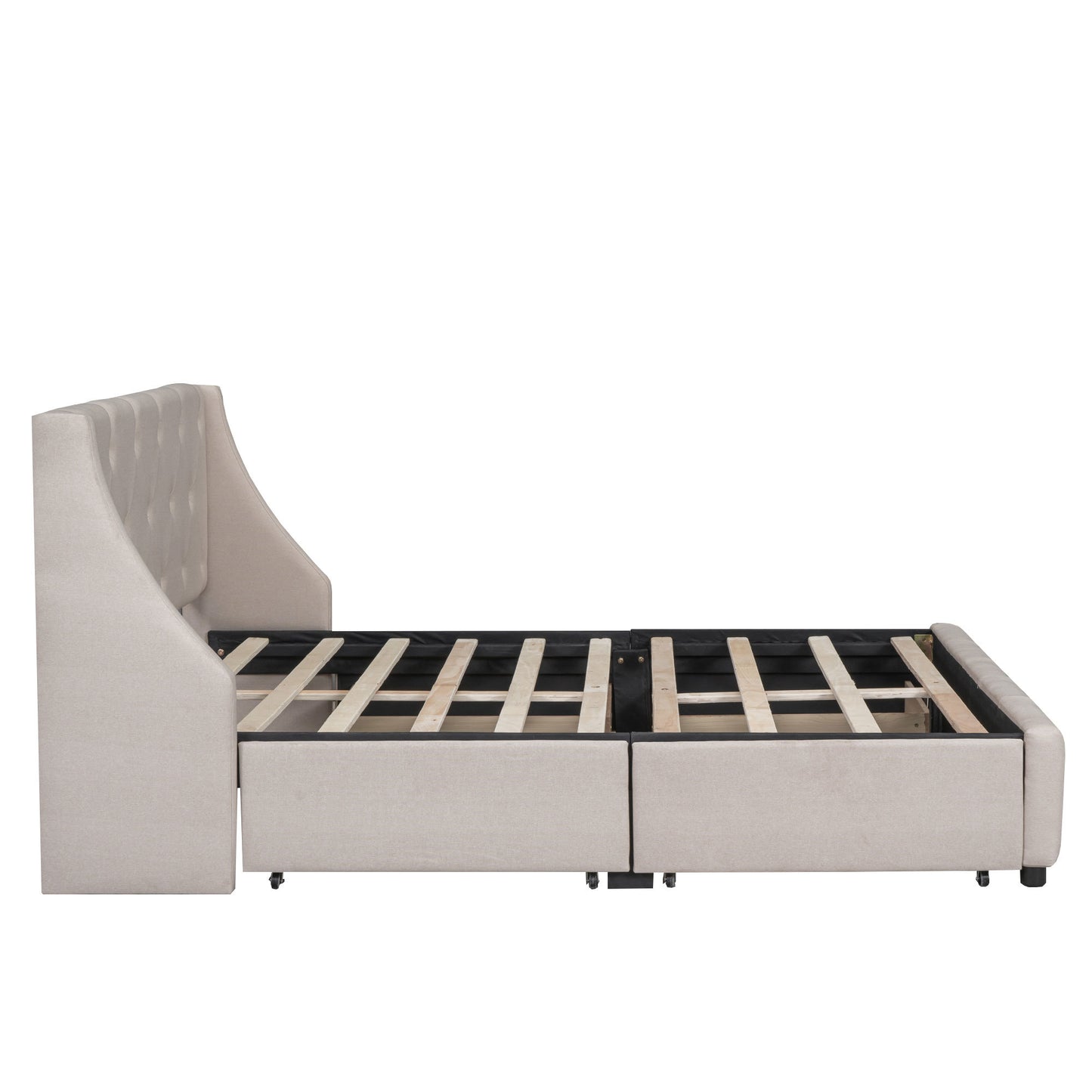 upholstered platform bed with wingback tufted headboard and 4 drawers, beige