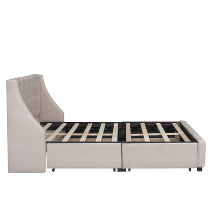 Upholstered Platform Bed with Wingback Tufted Headboard and 4 Drawers, Beige