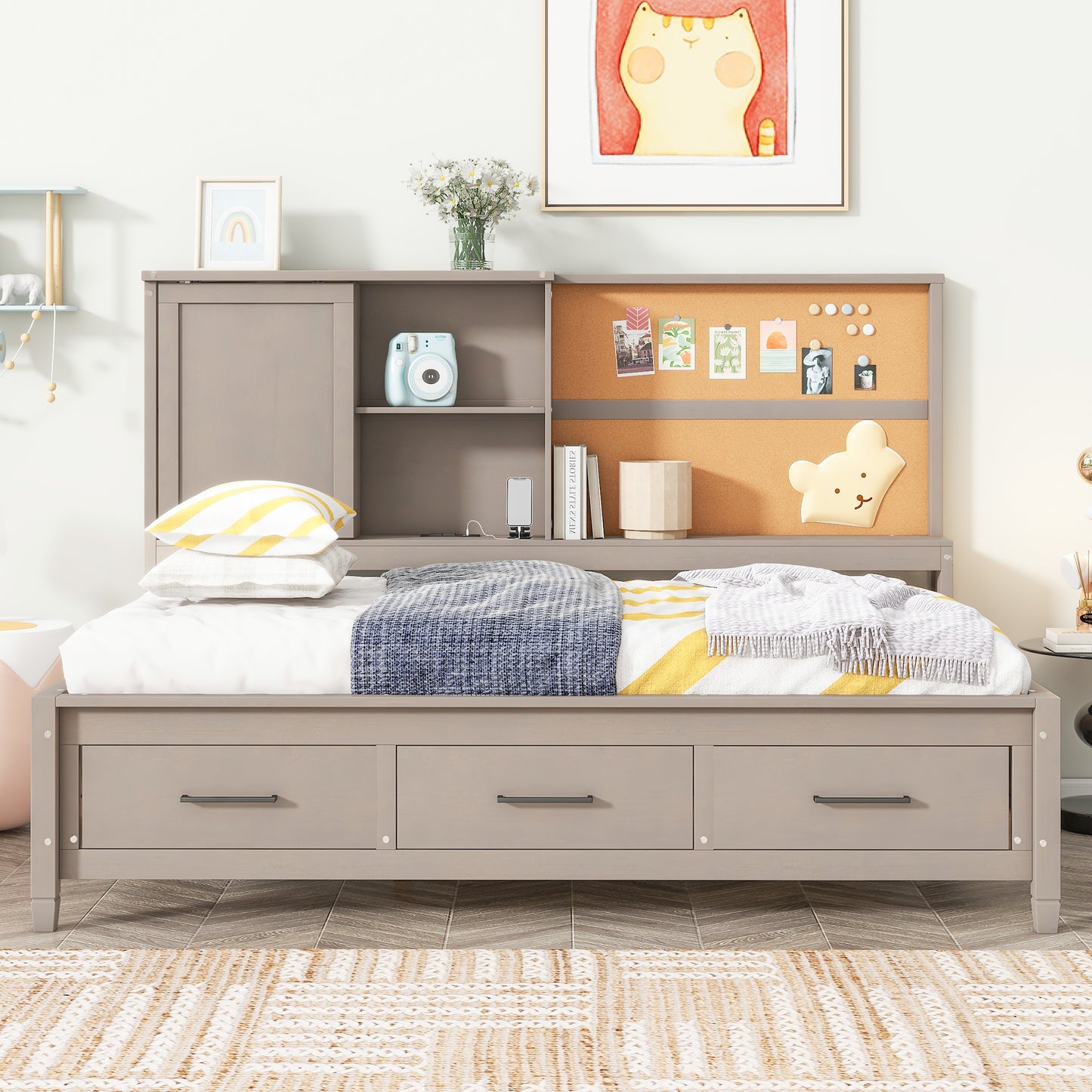 twin size lounge daybed with storage shelves, cork board, usb ports and 3 drawers, antique gray