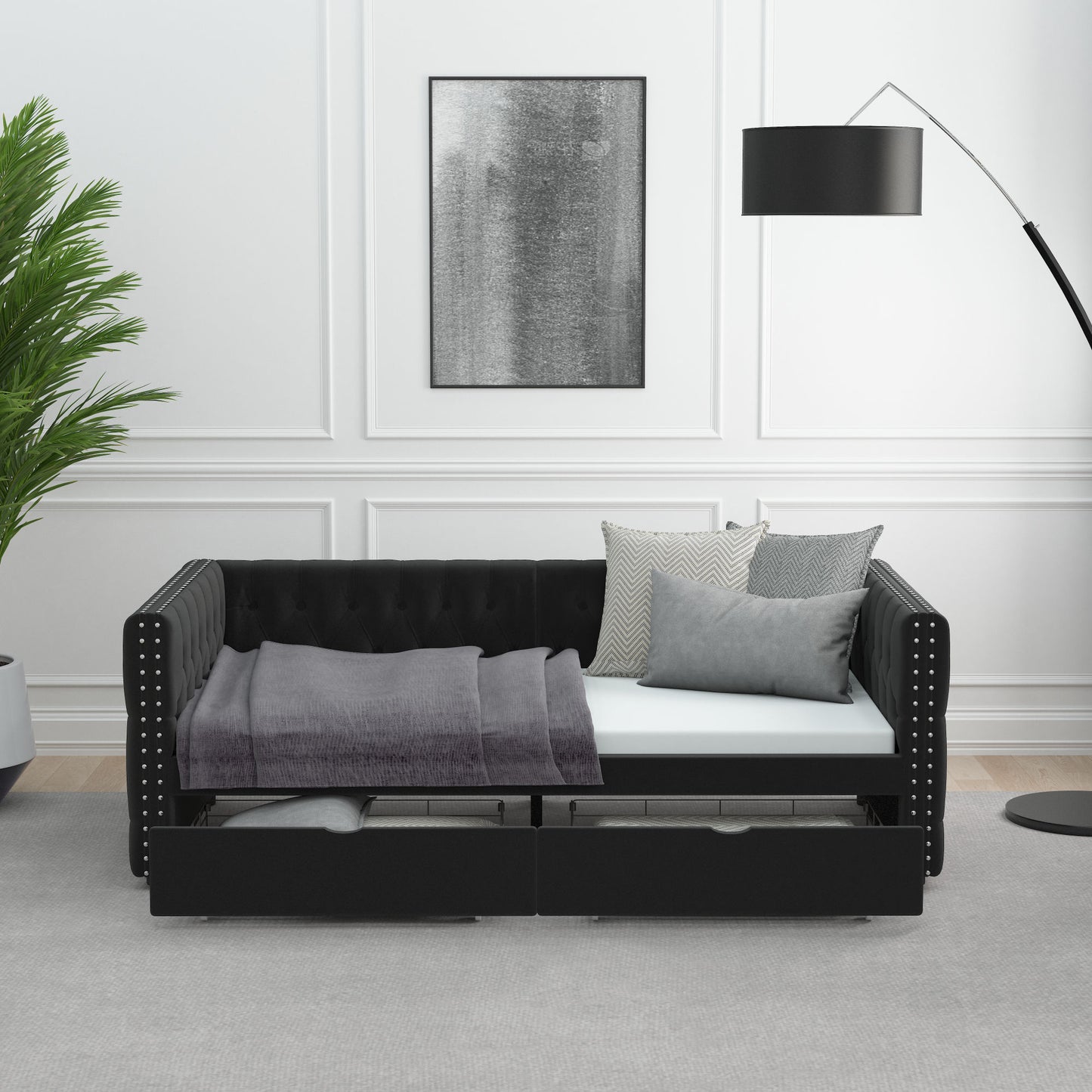 velvet upholstered tufted bed with drawers, black