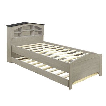 House-shaped Bed with Storage Headboard and Trundle, Gray